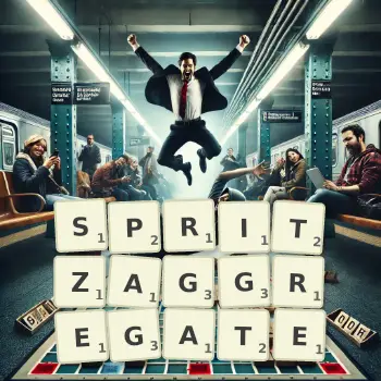 Kreative Illustration für ein Scrabble-Spiel, bei dem das Wort SPRITZAGGREGATE mit Steinen auf dem Brett gelegt wurde.
