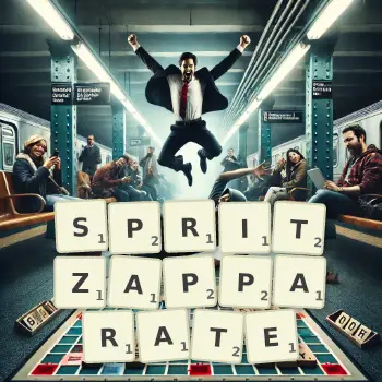 Kreative Illustration für ein Scrabble-Spiel, bei dem das Wort SPRITZAPPARATE mit Steinen auf dem Brett gelegt wurde.