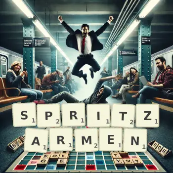 Kreative Illustration für ein Scrabble-Spiel, bei dem das Wort SPRITZARMEN mit Steinen auf dem Brett gelegt wurde.