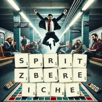 Kreative Illustration für ein Scrabble-Spiel, bei dem das Wort SPRITZBEREICHE mit Steinen auf dem Brett gelegt wurde.