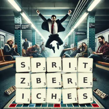 Kreative Illustration für ein Scrabble-Spiel, bei dem das Wort SPRITZBEREICHES mit Steinen auf dem Brett gelegt wurde.