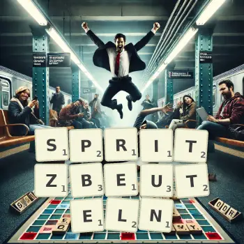 Kreative Illustration für ein Scrabble-Spiel, bei dem das Wort SPRITZBEUTELN mit Steinen auf dem Brett gelegt wurde.