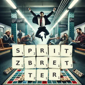 Kreative Illustration für ein Scrabble-Spiel, bei dem das Wort SPRITZBRETTER mit Steinen auf dem Brett gelegt wurde.