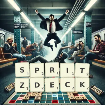 Kreative Illustration für ein Scrabble-Spiel, bei dem das Wort SPRITZDECK mit Steinen auf dem Brett gelegt wurde.