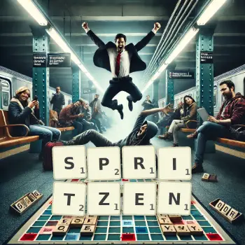 Kreative Illustration für ein Scrabble-Spiel, bei dem das Wort SPRITZEN mit Steinen auf dem Brett gelegt wurde.
