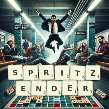 Kreative Illustration für ein Scrabble-Spiel, bei dem das Wort SPRITZENDER mit Steinen auf dem Brett gelegt wurde.