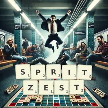 Kreative Illustration für ein Scrabble-Spiel, bei dem das Wort SPRITZEST mit Steinen auf dem Brett gelegt wurde.