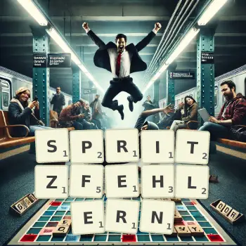 Kreative Illustration für ein Scrabble-Spiel, bei dem das Wort SPRITZFEHLERN mit Steinen auf dem Brett gelegt wurde.