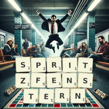 Kreative Illustration für ein Scrabble-Spiel, bei dem das Wort SPRITZFENSTERN mit Steinen auf dem Brett gelegt wurde.