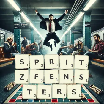 Kreative Illustration für ein Scrabble-Spiel, bei dem das Wort SPRITZFENSTERS mit Steinen auf dem Brett gelegt wurde.