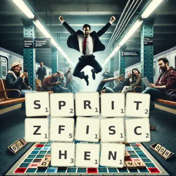 Kreative Illustration für ein Scrabble-Spiel, bei dem das Wort SPRITZFISCHEN mit Steinen auf dem Brett gelegt wurde.