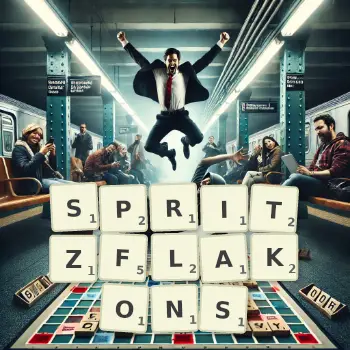 Kreative Illustration für ein Scrabble-Spiel, bei dem das Wort SPRITZFLAKONS mit Steinen auf dem Brett gelegt wurde.