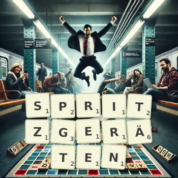 Kreative Illustration für ein Scrabble-Spiel, bei dem das Wort SPRITZGERÄTEN mit Steinen auf dem Brett gelegt wurde.