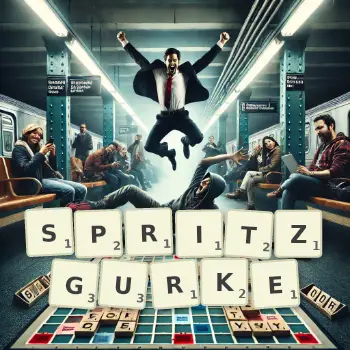 Kreative Illustration für ein Scrabble-Spiel, bei dem das Wort SPRITZGURKE mit Steinen auf dem Brett gelegt wurde.