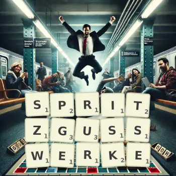 Kreative Illustration für ein Scrabble-Spiel, bei dem das Wort SPRITZGUSSWERKE mit Steinen auf dem Brett gelegt wurde.