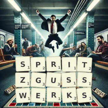 Kreative Illustration für ein Scrabble-Spiel, bei dem das Wort SPRITZGUSSWERKS mit Steinen auf dem Brett gelegt wurde.