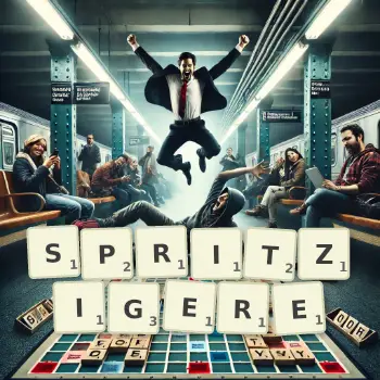 Kreative Illustration für ein Scrabble-Spiel, bei dem das Wort SPRITZIGERE mit Steinen auf dem Brett gelegt wurde.