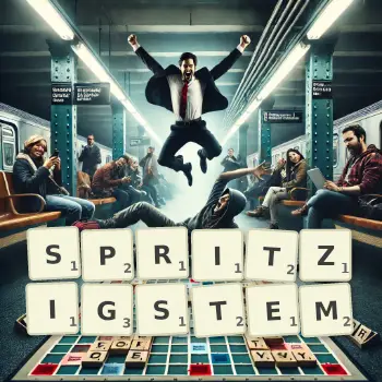 Kreative Illustration für ein Scrabble-Spiel, bei dem das Wort SPRITZIGSTEM mit Steinen auf dem Brett gelegt wurde.