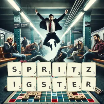 Kreative Illustration für ein Scrabble-Spiel, bei dem das Wort SPRITZIGSTER mit Steinen auf dem Brett gelegt wurde.