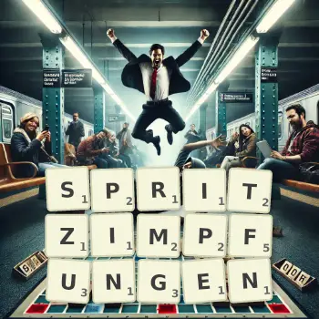 Kreative Illustration für ein Scrabble-Spiel, bei dem das Wort SPRITZIMPFUNGEN mit Steinen auf dem Brett gelegt wurde.