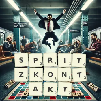 Kreative Illustration für ein Scrabble-Spiel, bei dem das Wort SPRITZKONTAKT mit Steinen auf dem Brett gelegt wurde.