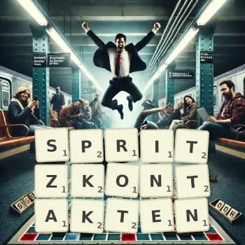 Kreative Illustration für ein Scrabble-Spiel, bei dem das Wort SPRITZKONTAKTEN mit Steinen auf dem Brett gelegt wurde.