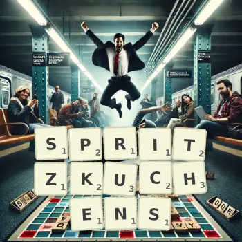 Kreative Illustration für ein Scrabble-Spiel, bei dem das Wort SPRITZKUCHENS mit Steinen auf dem Brett gelegt wurde.