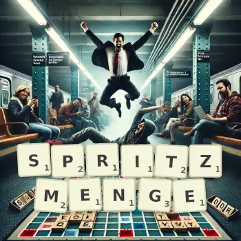 Kreative Illustration für ein Scrabble-Spiel, bei dem das Wort SPRITZMENGE mit Steinen auf dem Brett gelegt wurde.
