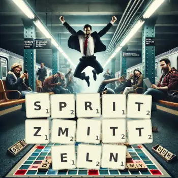 Kreative Illustration für ein Scrabble-Spiel, bei dem das Wort SPRITZMITTELN mit Steinen auf dem Brett gelegt wurde.