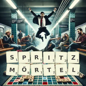 Kreative Illustration für ein Scrabble-Spiel, bei dem das Wort SPRITZMÖRTEL mit Steinen auf dem Brett gelegt wurde.