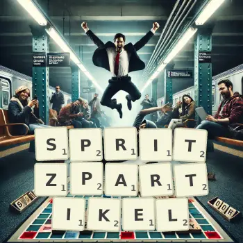 Kreative Illustration für ein Scrabble-Spiel, bei dem das Wort SPRITZPARTIKEL mit Steinen auf dem Brett gelegt wurde.