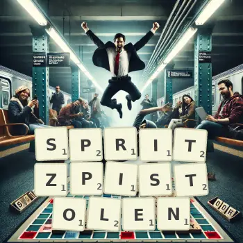 Kreative Illustration für ein Scrabble-Spiel, bei dem das Wort SPRITZPISTOLEN mit Steinen auf dem Brett gelegt wurde.
