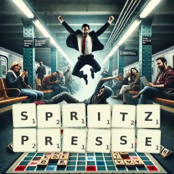 Kreative Illustration für ein Scrabble-Spiel, bei dem das Wort SPRITZPRESSE mit Steinen auf dem Brett gelegt wurde.