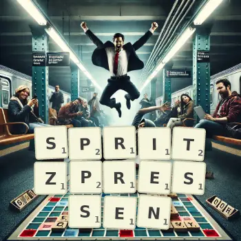 Kreative Illustration für ein Scrabble-Spiel, bei dem das Wort SPRITZPRESSEN mit Steinen auf dem Brett gelegt wurde.