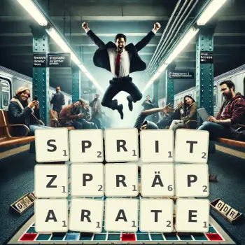 Kreative Illustration für ein Scrabble-Spiel, bei dem das Wort SPRITZPRÄPARATE mit Steinen auf dem Brett gelegt wurde.