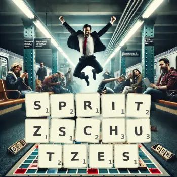 Kreative Illustration für ein Scrabble-Spiel, bei dem das Wort SPRITZSCHUTZES mit Steinen auf dem Brett gelegt wurde.