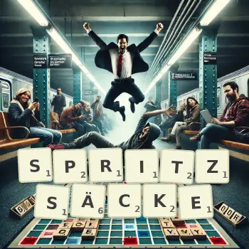 Kreative Illustration für ein Scrabble-Spiel, bei dem das Wort SPRITZSÄCKE mit Steinen auf dem Brett gelegt wurde.