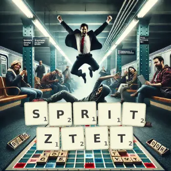 Kreative Illustration für ein Scrabble-Spiel, bei dem das Wort SPRITZTET mit Steinen auf dem Brett gelegt wurde.