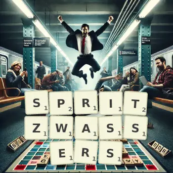 Kreative Illustration für ein Scrabble-Spiel, bei dem das Wort SPRITZWASSERS mit Steinen auf dem Brett gelegt wurde.