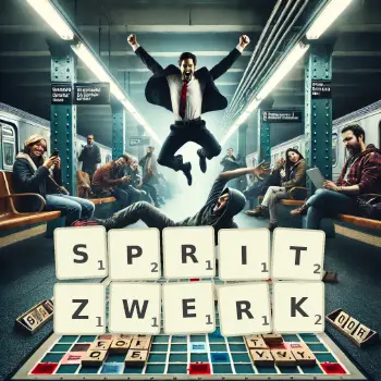 Kreative Illustration für ein Scrabble-Spiel, bei dem das Wort SPRITZWERK mit Steinen auf dem Brett gelegt wurde.