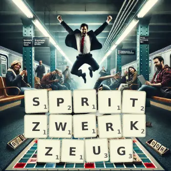 Kreative Illustration für ein Scrabble-Spiel, bei dem das Wort SPRITZWERKZEUG mit Steinen auf dem Brett gelegt wurde.
