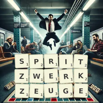 Kreative Illustration für ein Scrabble-Spiel, bei dem das Wort SPRITZWERKZEUGE mit Steinen auf dem Brett gelegt wurde.