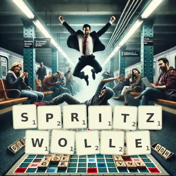 Kreative Illustration für ein Scrabble-Spiel, bei dem das Wort SPRITZWOLLE mit Steinen auf dem Brett gelegt wurde.