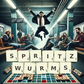 Kreative Illustration für ein Scrabble-Spiel, bei dem das Wort SPRITZWURMS mit Steinen auf dem Brett gelegt wurde.