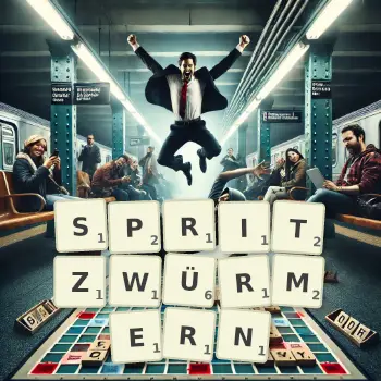 Kreative Illustration für ein Scrabble-Spiel, bei dem das Wort SPRITZWÜRMERN mit Steinen auf dem Brett gelegt wurde.