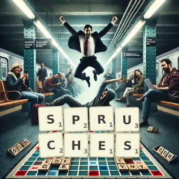 Kreative Illustration für ein Scrabble-Spiel, bei dem das Wort SPRUCHES mit Steinen auf dem Brett gelegt wurde.