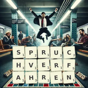 Kreative Illustration für ein Scrabble-Spiel, bei dem das Wort SPRUCHVERFAHREN mit Steinen auf dem Brett gelegt wurde.