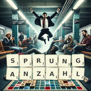 Kreative Illustration für ein Scrabble-Spiel, bei dem das Wort SPRUNGANZAHL mit Steinen auf dem Brett gelegt wurde.