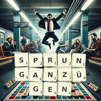 Kreative Illustration für ein Scrabble-Spiel, bei dem das Wort SPRUNGANZÜGEN mit Steinen auf dem Brett gelegt wurde.