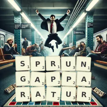 Kreative Illustration für ein Scrabble-Spiel, bei dem das Wort SPRUNGAPPARATUR mit Steinen auf dem Brett gelegt wurde.